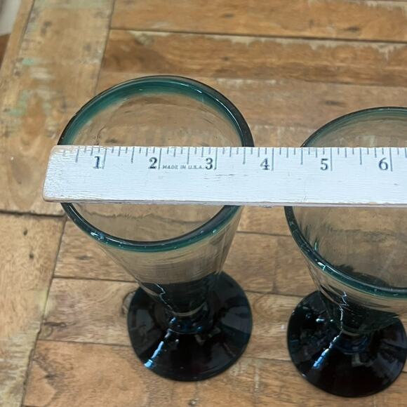 Blue & Green Goblet Wine Glasses Set of 3 Handblown Bubbles Mexico - Picture 6 of 15